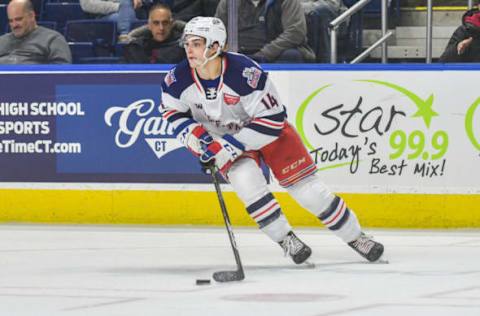 BRIDGEPORT, CT – JANUARY 12: Brandon Crawley #14 of the Hartford Wolf Pack brings brings the puck up ice during a game against the Bridgeport Sound Tigers at the Webster Bank Arena on January 12, 2019 in Bridgeport, Connecticut. (Photo by Gregory Vasil/Getty Images)