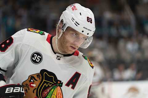 Apr 23, 2022; San Jose, California, USA; Chicago Blackhawks right wing Patrick Kane (88) during the first period against the San Jose Sharks at SAP Center at San Jose. Mandatory Credit: Stan Szeto-USA TODAY Sports