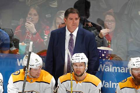 ST. PAUL, MN – MARCH 24: Nashville Predators head coach Peter Laviolette leads his team against the Minnesota Wild during the game at the Xcel Energy Center on March 24, 2018 in St. Paul, Minnesota. (Photo by Bruce Kluckhohn/NHLI via Getty Images)