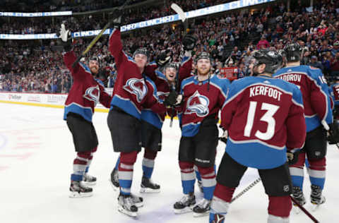 DENVER, CO – APRIL 07: Patrik Nemeth #12, Mikko Rantanen #96, Tyson Jost #17 and J.T. Compher #37 of the Colorado Avalanche wave to the crowd after a win against the St. Louis Blues at the Pepsi Center on April, 7, 2018 in Denver, Colorado. The Avalanche defeated the Blues 5-2. (Photo by Michael Martin/NHLI via Getty Images)