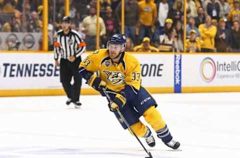 May 9, 2016; Nashville, TN, USA; Nashville Predators center Colin Wilson (33) against the San Jose Sharks in game six of the second round of the 2016 Stanley Cup Playoffs at Bridgestone Arena. The Predators won 4-3. Mandatory Credit: Aaron Doster-USA TODAY Sports