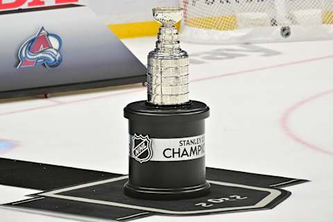 The Stanley Cup is presented on the ice after the Colorado Avalanche defeated the Tampa Bay Lightning 2022 NHL Stanley Cup Final (Photo by Julio Aguilar/Getty Images)