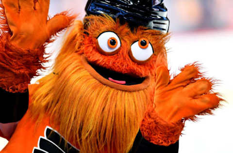 PHILADELPHIA, PA – MARCH 11: Flyers mascot Gritty waves to fans during the game between the Ottawa Senators and Philadelphia Flyers on March 11, 2019 at Wells Fargo Center in Philadelphia, PA. (Photo by Kyle Ross/Icon Sportswire via Getty Images)