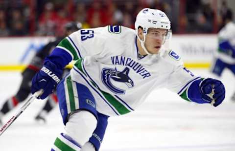 Jan 15, 2016; Raleigh, NC, USA; Vancouver Canucks forward Bo Horvat (53) skates against the Carolina Hurricanes at PNC Arena. The Vancouver Canucks defeated the Carolina Hurricanes 3-2 in overtime. Mandatory Credit: James Guillory-USA TODAY Sports