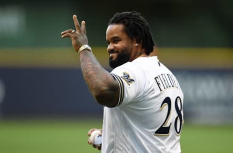 MILWAUKEE, WI – JULY 24: Former Milwaukee Brewer Prince Fielder waves during a ceremony before a game against the Washington Nationals at Miller Park on July 24, 2018 in Milwaukee, Wisconsin. (Photo by Stacy Revere/Getty Images)