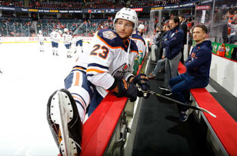 CALGARY, AB – NOVEMBER 17: Ryan Spooner #23 of the Edmonton Oilers stretches before an NHL game against the Calgary Flames on November 17, 2018 at the Scotiabank Saddledome in Calgary, Alberta, Canada. (Photo by Gerry Thomas/NHLI via Getty Images)