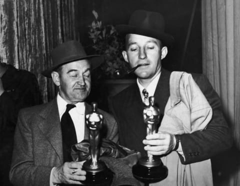 Barry Fitzgerald (left) holds his Oscar for Best Supporting Actor while American actor Bing Crosby holds his Oscar for Best Actor, both for their roles in Going My Way; 1945.