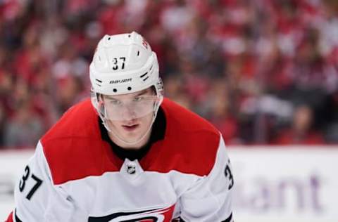 WASHINGTON, DC – APRIL 11: Andrei Svechnikov #37 of the Carolina Hurricanes looks on in the third period against the Washington Capitals in Game One of the Eastern Conference First Round during the 2019 NHL Stanley Cup Playoffs at Capital One Arena on April 11, 2019 in Washington, DC. (Photo by Patrick McDermott/NHLI via Getty Images)