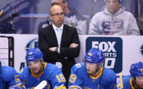 Feb 2, 2017; St. Louis, MO, USA; St. Louis Blues head coach Mike Yeo watches from the bench during the third period against the Toronto Maple Leafs at Scottrade Center. The Blues won 5-1. Mandatory Credit: Billy Hurst-USA TODAY Sports