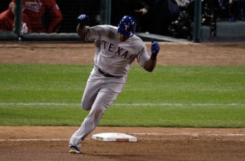 ST LOUIS, MO – OCTOBER 27: Adrian Beltre #29 of the Texas Rangers rounds the bases after hitting a solo home run in the seventh inning during Game Six of the MLB World Series against the St. Louis Cardinals at Busch Stadium on October 27, 2011 in St Louis, Missouri. (Photo by Rob Carr/Getty Images)