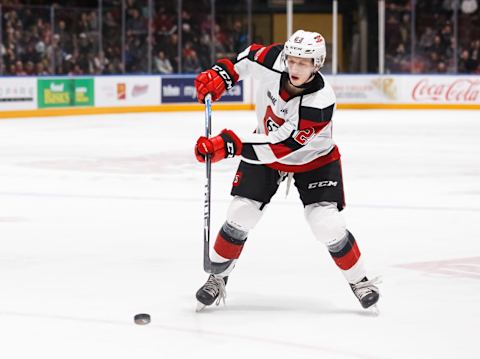 OSHAWA, ON – JANUARY 19: Marco Rossi #23 of the Ottawa 67’s plays the puck during an OHL game against the Oshawa Generals at the Tribute Communities Centre on January 19, 2020 in Oshawa, Ontario, Canada. (Photo by Chris Tanouye/Getty Images)