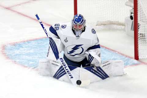 Jul 2, 2021; Montreal, Quebec, CAN; Tampa Bay Lightning goaltender Andrei Vasilevskiy (88) makes a stick save against Montreal Canadiens during the second period in game three of the 2021 Stanley Cup Final at Bell Centre. Mandatory Credit: Jean-Yves Ahern-USA TODAY Sports