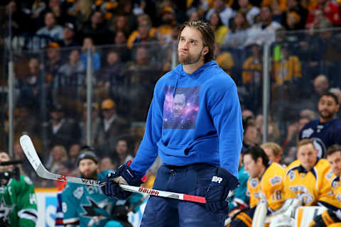 NASHVILLE, TN – JANUARY 30: Aaron Ekblad #5 of the Florida Panthers looks on in the AMP Energy NHL Hardest Shot during the 2016 Honda NHL All-Star Skill Competition at Bridgestone Arena on January 30, 2016 in Nashville, Tennessee. (Photo by Bruce Bennett/Getty Images)