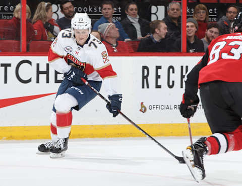 OTTAWA, ON – NOVEMBER 19: Dryden Hunt #73 of the Florida Panthers skates against the Ottawa Senators at Canadian Tire Centre on November 19, 2018 in Ottawa, Ontario, Canada. (Photo by Andre Ringuette/NHLI via Getty Images)