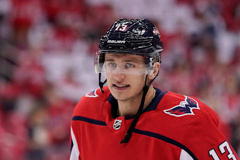 WASHINGTON, DC – APRIL 20: Jakub Vrana #13 of the Washington Capitals warms up before playing against the Carolina Hurricanes in Game Five of the Eastern Conference First Round during the 2019 NHL Stanley Cup Playoffs at Capital One Arena on April 20, 2019 in Washington, DC. (Photo by Patrick McDermott/NHLI via Getty Images)