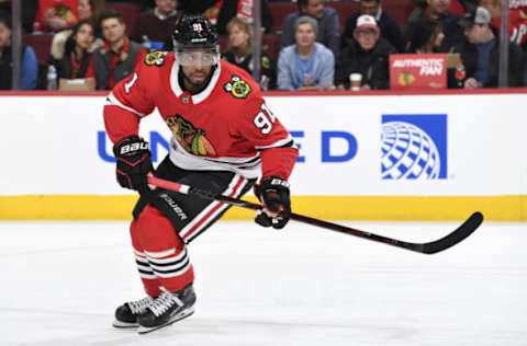 CHICAGO, IL – MARCH 08: Anthony Duclair #91 of the Chicago Blackhawks watches for the puck in the third period against the Carolina Hurricanes at the United Center on March 8, 2018 in Chicago, Illinois. The Carolina Hurricanes defeated the Chicago Blackhawks 3-2. (Photo by Bill Smith/NHLI via Getty Images)