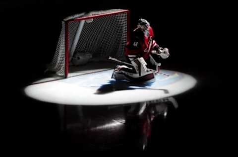 Mar 17, 2016; Glendale, AZ, USA; Arizona Coyotes goalie Mike Smith (41) looks on prior to the game against the San Jose Sharks at Gila River Arena. Mandatory Credit: Matt Kartozian-USA TODAY Sports