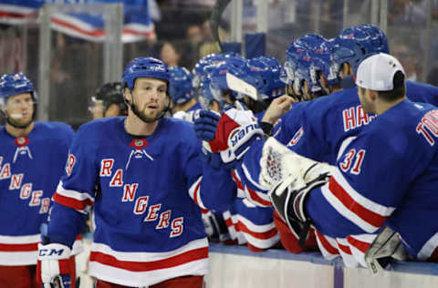 NEW YORK, NEW YORK – SEPTEMBER 19: Matt Beleskey #39 of the New York Rangers celebrates his first period goal against the Philadelphia Flyers at Madison Square Garden on September 19, 2018 in New York City. (Photo by Bruce Bennett/Getty Images)