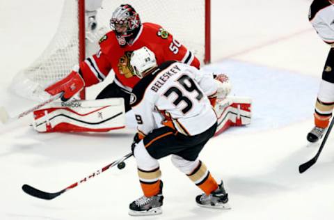 CHICAGO, IL – MAY 23: Matt Beleskey #39 of the Anaheim Ducks takes a shot against Corey Crawford #50 of the Chicago Blackhawks in Game Four of the Western Conference Finals. (Photo by Tasos Katopodis/Getty Images)