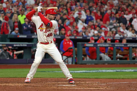 ST LOUIS, MISSOURI – OCTOBER 08: Paul Goldschmidt #46 of the St. Louis Cardinals at bat against the Philadelphia Phillies during game two of the National League Wild Card Series at Busch Stadium on October 08, 2022 in St Louis, Missouri. (Photo by Stacy Revere/Getty Images)