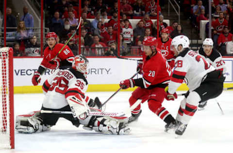 RALEIGH, NC – APRIL 4: of the Carolina Hurricanes of the New Jersey Devils during an NHL game at PNC Arena on April 4, 2019, in Raleigh, North Carolina. (Photo by Gregg Forwerck/NHLI via Getty Images)