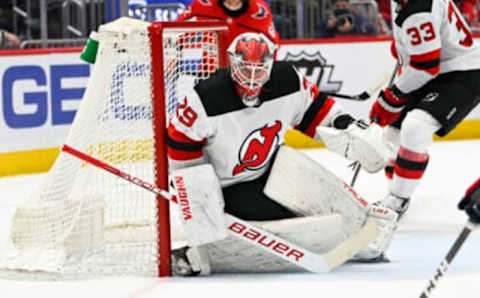 Jan 2, 2022; Washington, District of Columbia, USA; New Jersey Devils goaltender Mackenzie Blackwood (29) in goal against the Washington Capitals during the third period at Capital One Arena. Mandatory Credit: Brad Mills-USA TODAY Sports