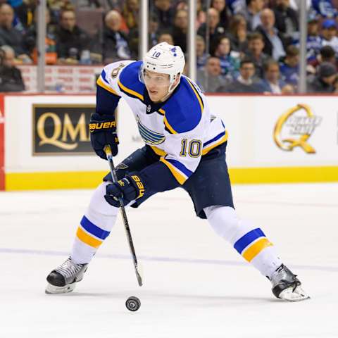 VANCOUVER, BC – DECEMBER 20: St. Louis Blues Center Brayden Schenn (10) skates with the puck during their NHL game against the Vancouver Canucks at Rogers Arena on December 20, 2018 in Vancouver, British Columbia, Canada. Vancouver won 5-1. (Photo by Derek Cain/Icon Sportswire via Getty Images)