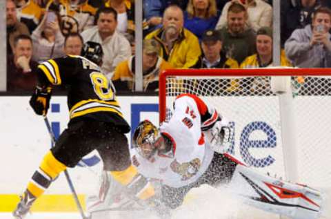 Apr 6, 2017; Boston, MA, USA; Ottawa Senators goalie Craig Anderson (41) stops Boston Bruins right wing David Pastrnak (88) during the shootout in the Ottawa Senators 2-1 win over the Boston Bruins at TD Garden. Mandatory Credit: Winslow Townson-USA TODAY Sports