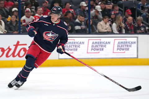 COLUMBUS, OHIO – OCTOBER 16: Patrik Laine #29 of the Columbus Blue Jackets skates during the third period against the Detroit Red Wings at Nationwide Arena on October 16, 2023 in Columbus, Ohio. (Photo by Jason Mowry/Getty Images)