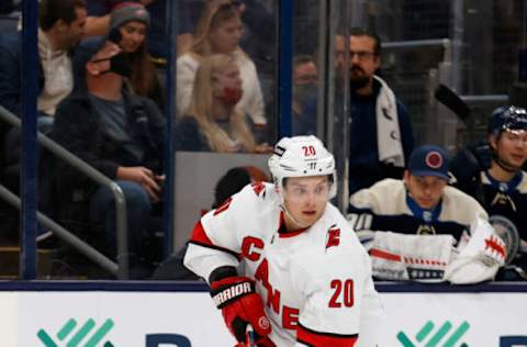 COLUMBUS, OH – OCTOBER 23: Sebastian Aho #20 of the Carolina Hurricanes controls the puck during the game against the Columbus Blue Jackets at Nationwide Arena on October 23, 2021, in Columbus, Ohio. (Photo by Kirk Irwin/Getty Images)