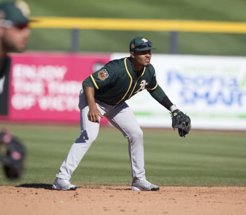 PEORIA, AZ – MARCH 1: Richie Martin #68 of the Oakland Athletics fields during the game against the San Diego Padres at the Peoria Sports Complex on March 1, 2017 in Peoria , Arizona. (Photo by Michael Zagaris/Oakland Athletics/Getty Images)