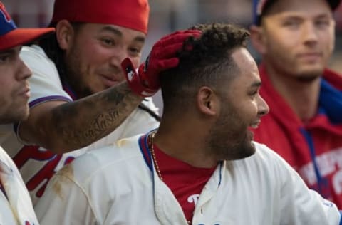 Galvis Rubs Blanco’s Head in the Seventh Inning of Game 162’s Victory. Photo by Bill Streicher – USA TODAY Sports.