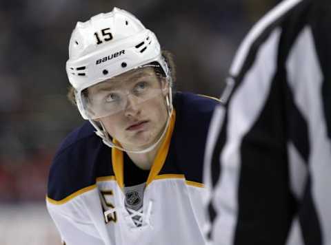 Jan 16, 2016; Buffalo, NY, USA; Buffalo Sabres center Jack Eichel (15) listens to an official during the second period against the Washington Capitals at First Niagara Center. Mandatory Credit: Kevin Hoffman-USA TODAY Sports