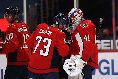 Conor Sheary, Vitek Vanecek, Washington Capitals (Photo by Rob Carr/Getty Images)