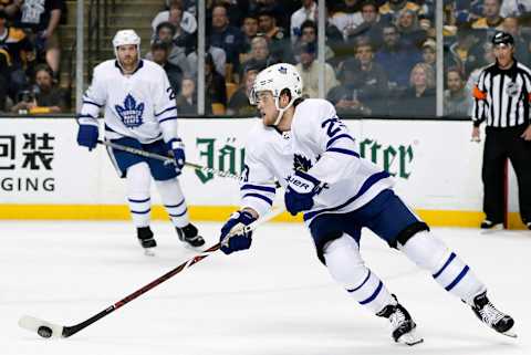 BOSTON, MA – APRIL 25: Toronto Maple Leafs right wing William Nylander (29) starts a rush up ice during Game 7 of the First Round for the 2018 Stanley Cup Playoffs between the Boston Bruins and the Toronto Maple Leafs on April 25, 2018, at TD Garden in Boston, Massachusetts. The Bruins defeated the Maple Leafs 7-4. (Photo by Fred Kfoury III/Icon Sportswire via Getty Images)