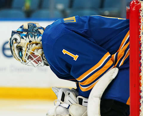 BUFFALO, NY – JANUARY 6: Ukko-Pekka Luukkonen #1 of the Buffalo Sabres during the game against the San Jose Sharks at KeyBank Center on January 6, 2022 in Buffalo, New York. (Photo by Kevin Hoffman/Getty Images)