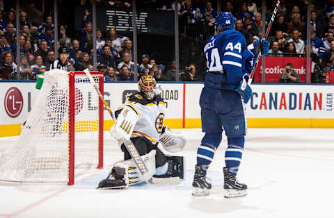 TORONTO, ON – OCTOBER 19:Jaroslav Halak #41 of the Boston Bruins reacts as a shot by Mitch Marner #16 of the Toronto Maple Leafs goes in during overtime at the Scotiabank Arena on October 19, 2019 in Toronto, Ontario, Canada. (Photo by Mark Blinch/NHLI via Getty Images)