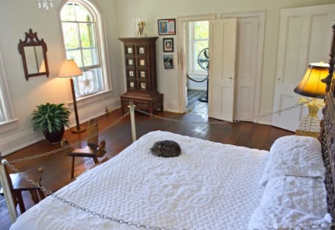 A cat sleeps on the bed at Ernest Hemingway Home and Museum in Key West, Florida.