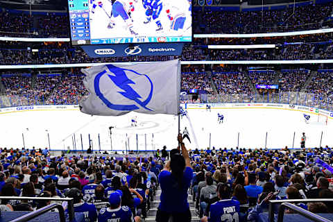 A Tampa Bay Lightning flag is waved in Game One. (Photo by Julio Aguilar/Getty Images)