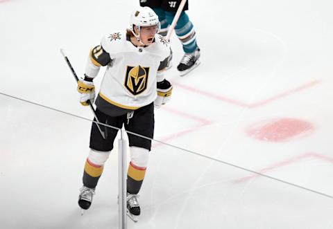 SAN JOSE, CA – APRIL 12: Cody Eakin #21 of the Vegas Golden Knights celebrates after scoring a goal during the first period against the San Jose Sharks in Game Two of the Western Conference First Round during the 2019 Stanley Cup Playoffs at SAP Center on April 12, 2019 in San Jose, California. (Photo by Jeff Bottari/NHLI via Getty Images)