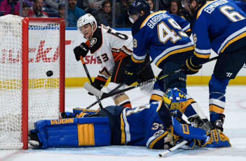 ST. LOUIS, MO: Kevin Roy #63 of the Anaheim Ducks scores a goal against Jake Allen #34 of the St. Louis Blues at Scottrade Center on December 14, 2017. (Photo by Scott Rovak/NHLI via Getty Images)