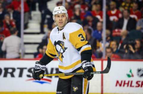 Dec 17, 2019; Calgary, Alberta, CAN; Pittsburgh Penguins defenseman Jack Johnson (3) against the Calgary Flames during the first period at Scotiabank Saddledome. Mandatory Credit: Sergei Belski-USA TODAY Sports