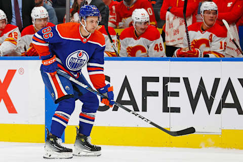 Oct 4, 2023; Edmonton, Alberta, CAN; Edmonton Oilers defensemen Philip Broberg (86) watches the play against the Edmonton Oilers at Rogers Place. Mandatory Credit: Perry Nelson-USA TODAY Sports