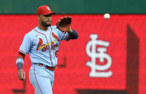 Aug 28, 2021; Pittsburgh, Pennsylvania, USA; St. Louis Cardinals shortstop Edmundo Sosa (63) warms up in the outfield before playing the Pittsburgh Pirates at PNC Park. Mandatory Credit: Charles LeClaire-USA TODAY Sports