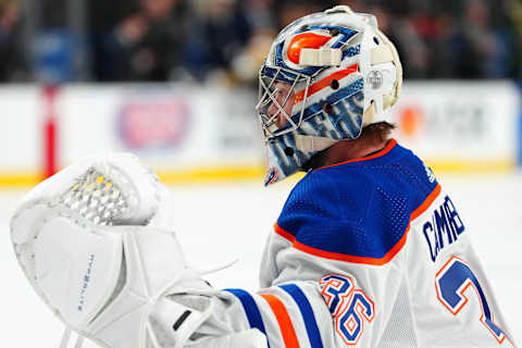 May 3, 2023; Las Vegas, Nevada, USA; Edmonton Oilers goaltender Jack Campbell (36) warms up before the start of game one of the second round of the 2023 Stanley Cup Playoffs against the Vegas Golden Knights at T-Mobile Arena. Mandatory Credit: Stephen R. Sylvanie-USA TODAY Sports