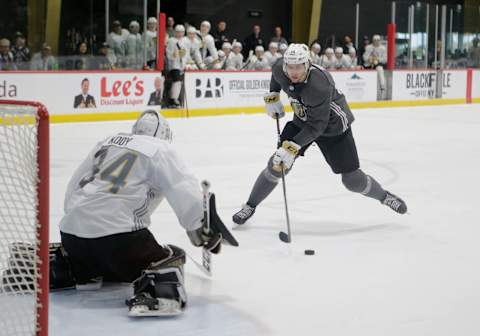 LAS VEGAS, NV – JUNE 29: Vegas Golden Knights Nicolas Hague (14) controls the puck during a shoot out at the Vegas Golden Knights Development Camp Saturday, June 29, 2019, at City National Arena in Las Vegas, NV. (Photo by Marc Sanchez/Icon Sportswire via Getty Images)