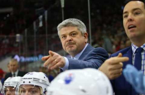 Feb 3, 2017; Raleigh, NC, USA; Edmonton Oilers head coach Todd McLellan reacts during the game against the Carolina Hurricanes at PNC Arena. the Carolina Hurricanes defeated the Edmonton Oilers 2-1. Mandatory Credit: James Guillory-USA TODAY Sports