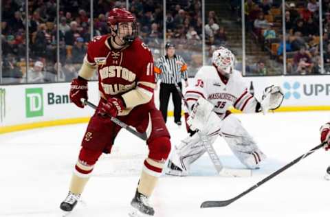 BOSTON, MA – MARCH 22: Boston College Eagles forward Jack McBain (11) looks for the pass on the power play during a Hockey East semifinal game between the Boston College Eagles and the UMASS Minutemen on March 22, 2019, at TD Garden in Boston, Massachusetts. (Photo by Fred Kfoury III/Icon Sportswire via Getty Images)