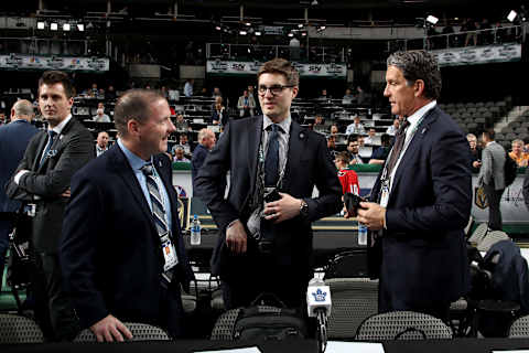 DALLAS, TX – JUNE 22: (L-R) John Lilley, Kyle Dubas and Brendan Shanahan of the Toronto Maple Leafs talk prior to the first round of the 2018 NHL Draft at American Airlines Center on June 22, 2018 in Dallas, Texas. (Photo by Bruce Bennett/Getty Images)