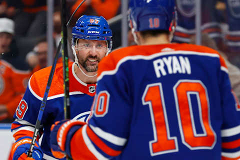 Dec 12, 2023; Edmonton, Alberta, CAN; Edmonton Oilers forward Sam Gagner (89) celebrates his goal, scored during the first period against the Chicago Blackhawks at Rogers Place. Mandatory Credit: Perry Nelson-USA TODAY Sports